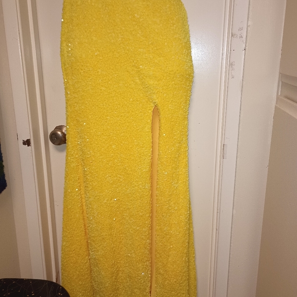 Sunflower Yellow Sequin One Shoulder Mermaid Gown - Picture 4 of 11